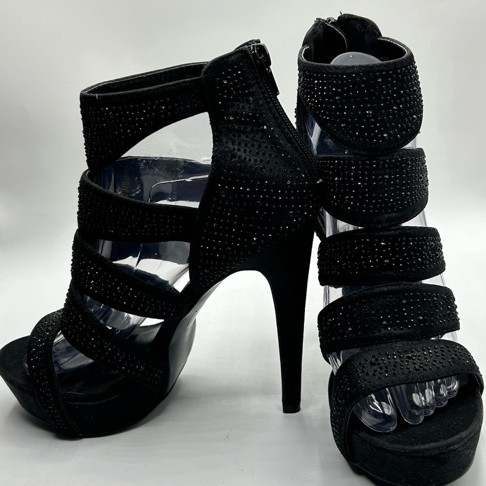 Women’s Olivia Miller Black Rhinestone Open Toe Back Zipper Sandals Size 8 1/2 - Picture 10 of 14